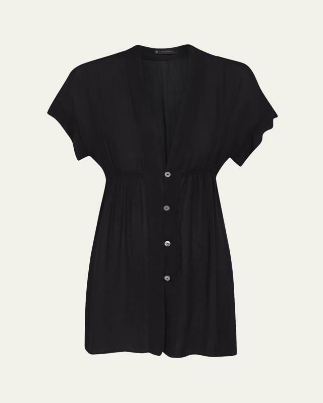 Solid Fuji Pleats Button-Front Caftan
