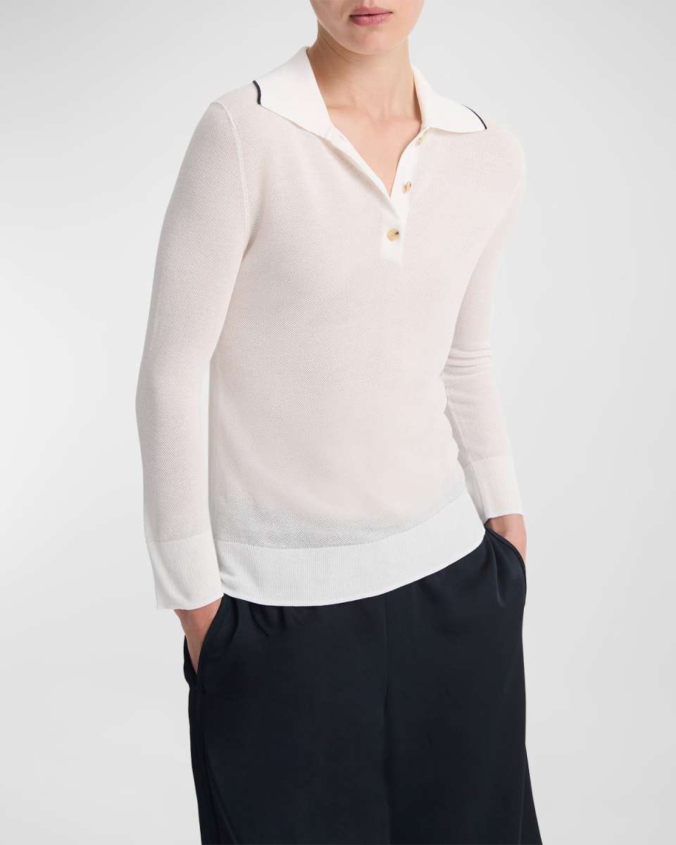 Tipped Collar Long-Sleeve Pique Polo Shirt