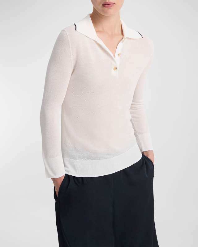 Tipped Collar Long-Sleeve Pique Polo Shirt
