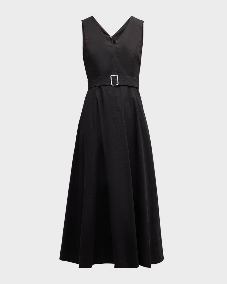 V-Neck Sleeveless Belted Midi Dress