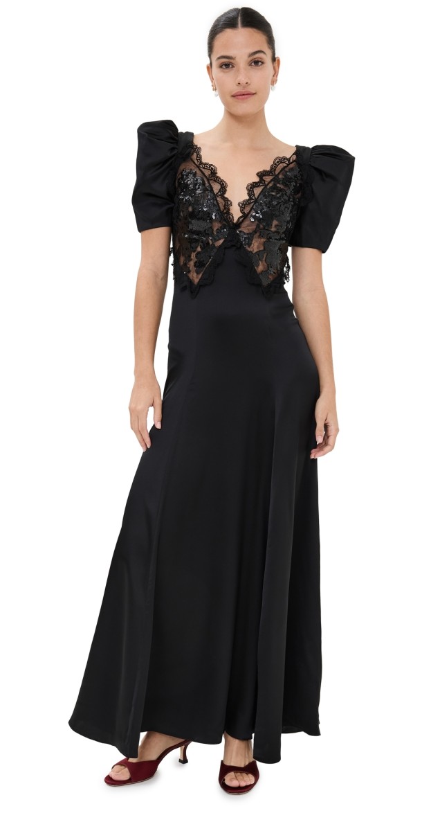 Rodarte Black Silk Satin Puff Sleeve Dress With Sequin Detail Black