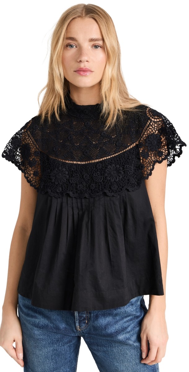 Sea Serita Crochet Lace Flutter Sleeve Top Black
