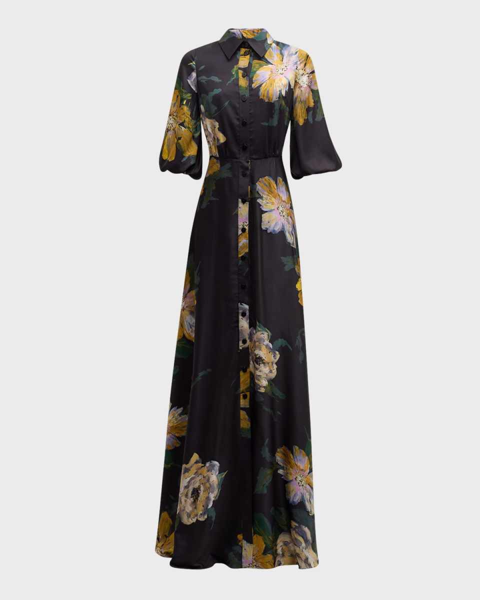 Floral-Print Chiffon Shirt Gown
