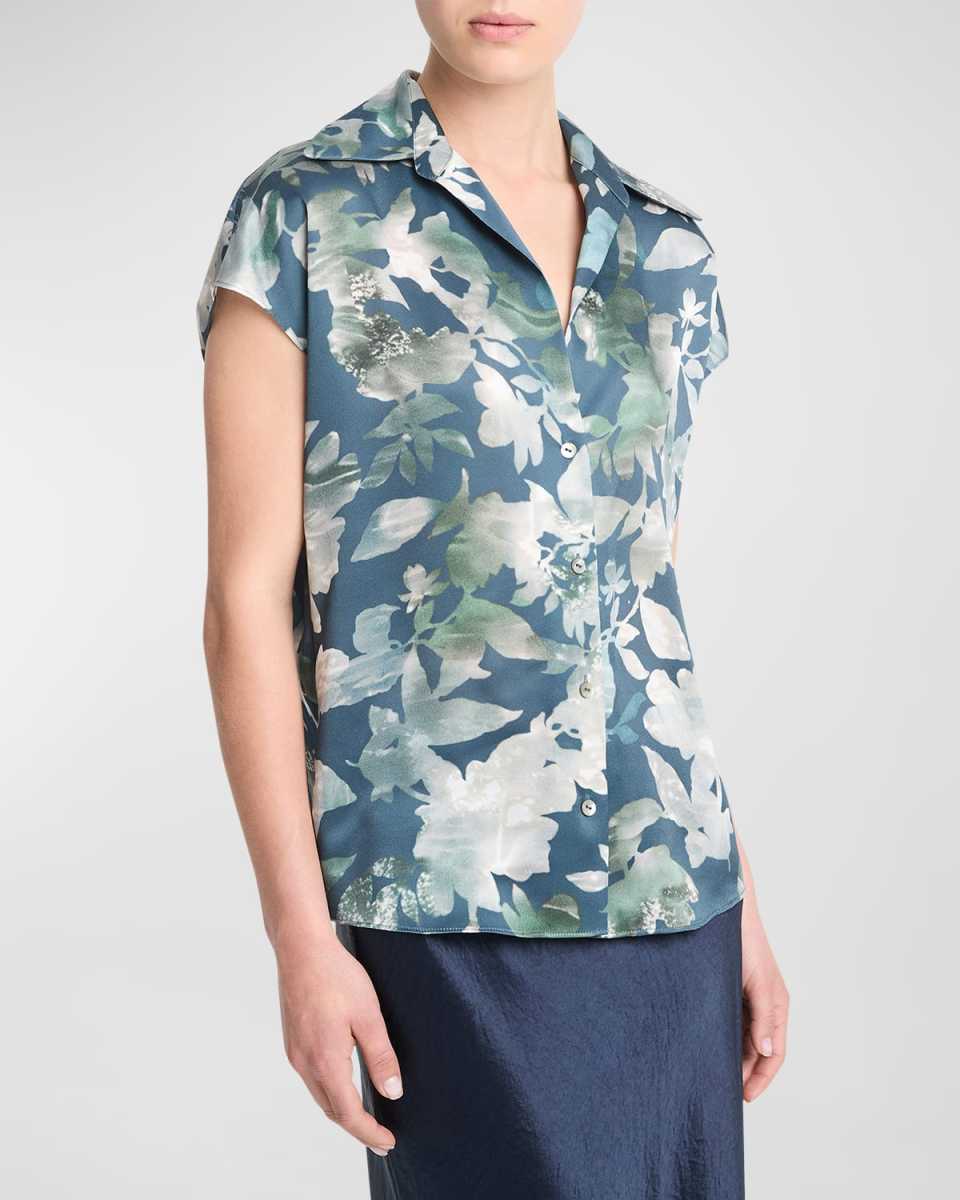 Silk Shimmer Lake Ruched-Back Cap-Sleeve Blous