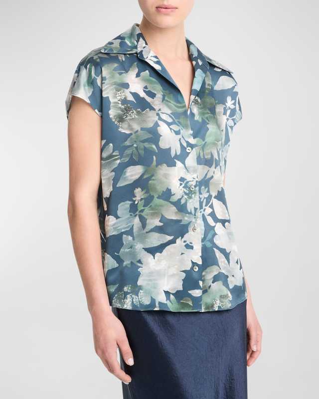 Silk Shimmer Lake Ruched-Back Cap-Sleeve Blous