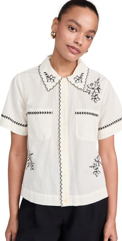 THE GREAT. The Bowling Shirt with Hanky Embroidery Cream