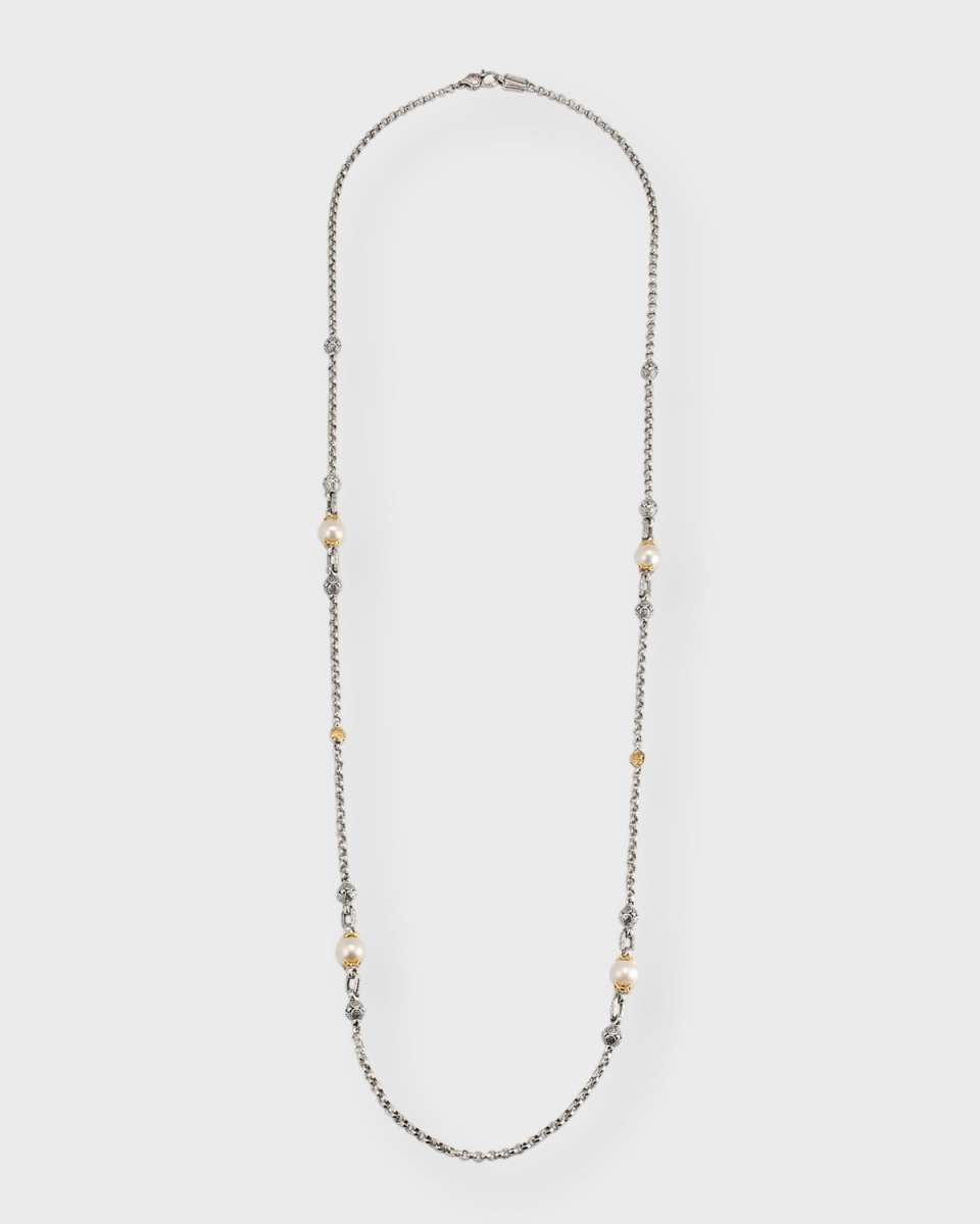 Sterling Silver and 18K Gold Pearl Station Necklace, 36"