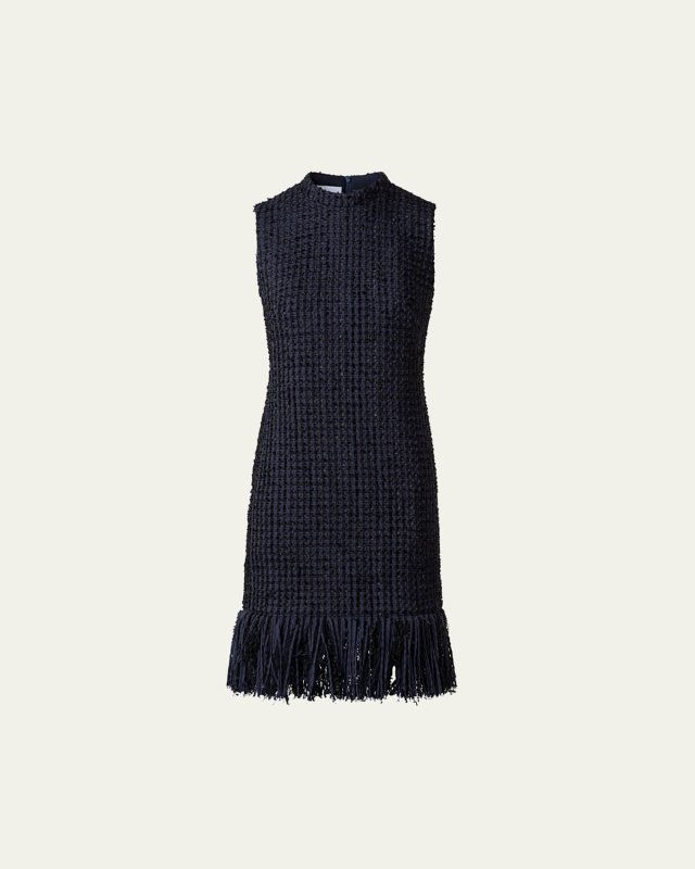 Chunky Tweed Sheath Dress with Fringed Hem
