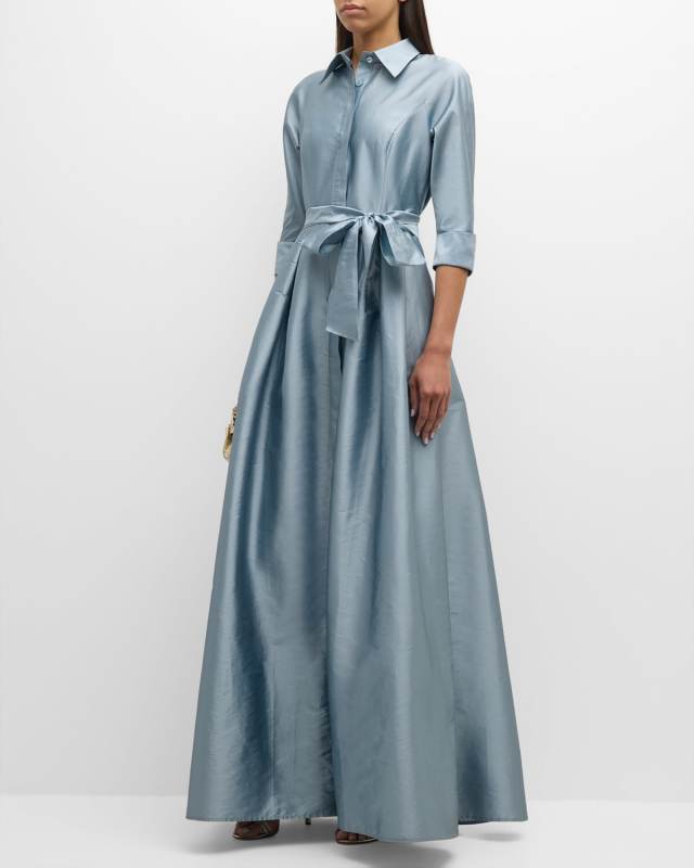 Belted 3/4-Sleeve Taffeta Shirt Gown