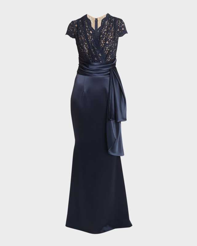 Mixed-Media Lace Satin Trumpet Gown