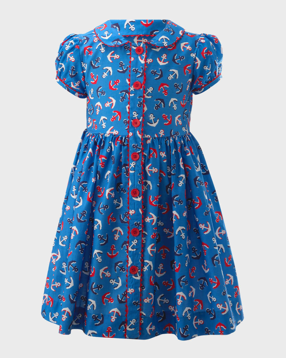 Girl's Anchor-Print Cotton Button-Front Dress, Size 2-