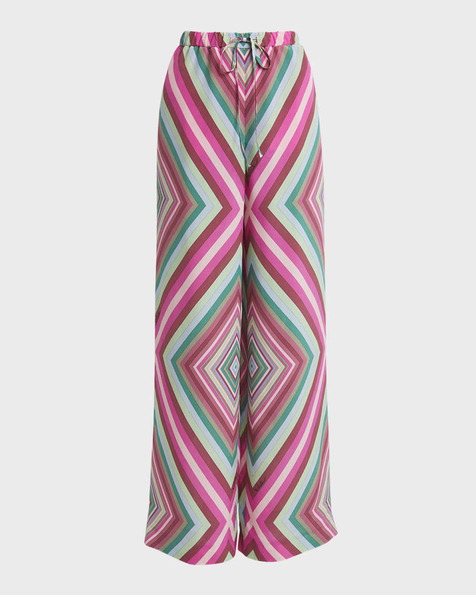 Rhombus-Print Wide-Leg Crepe De Chine Pull-On Pants