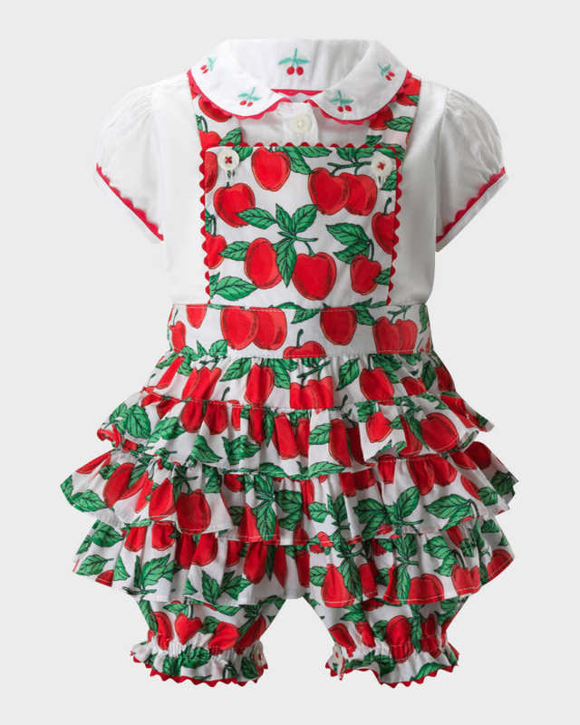 Girl's Cherry Ruffle Dungarees and Shirt Set, Size 6M-24