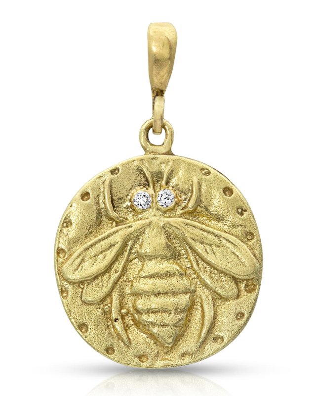 18k Yellow Gold Bee Coin Pendant with Diamond Details