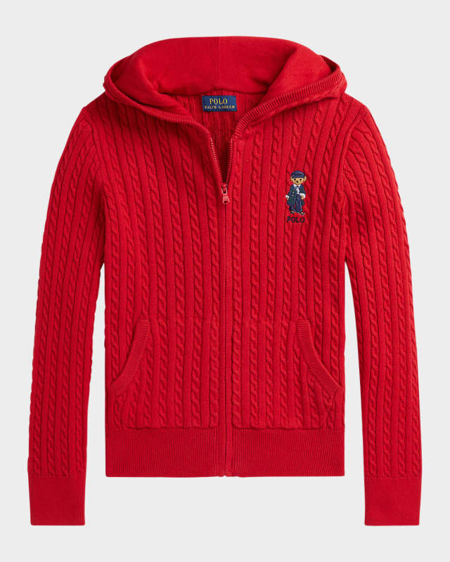 Girl's Mini Cable Knit Embroidered Hooded Sweater, Size 2-