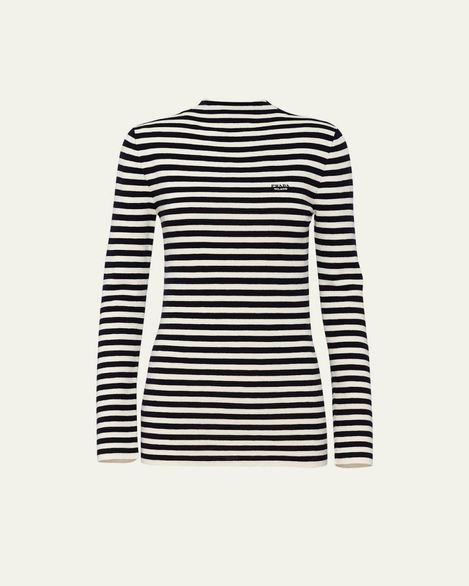 Stripe Mock-Neck Logo Intarsia Wool Top