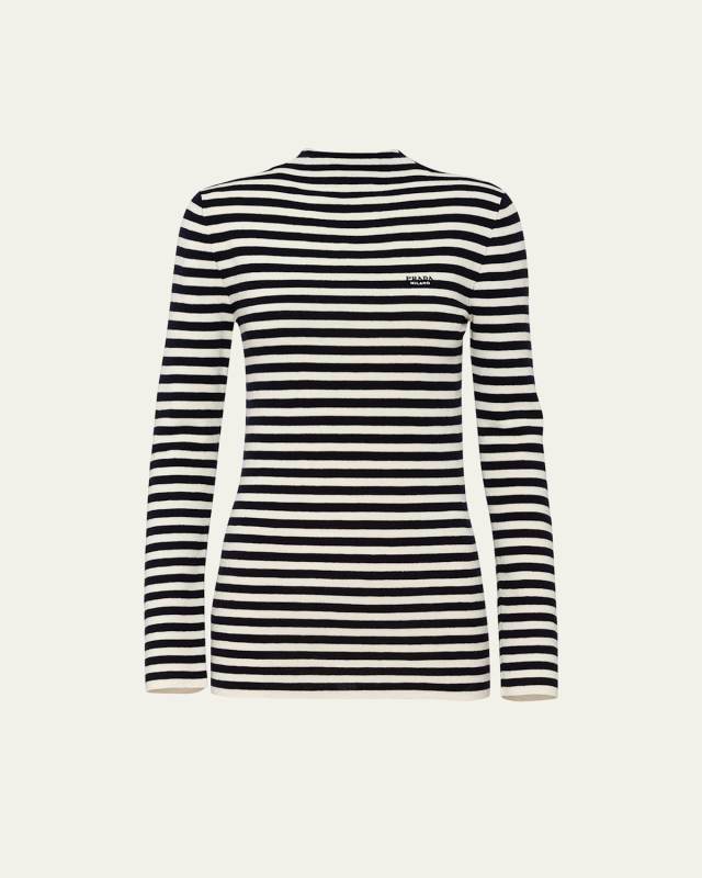 Stripe Mock-Neck Logo Intarsia Wool Top