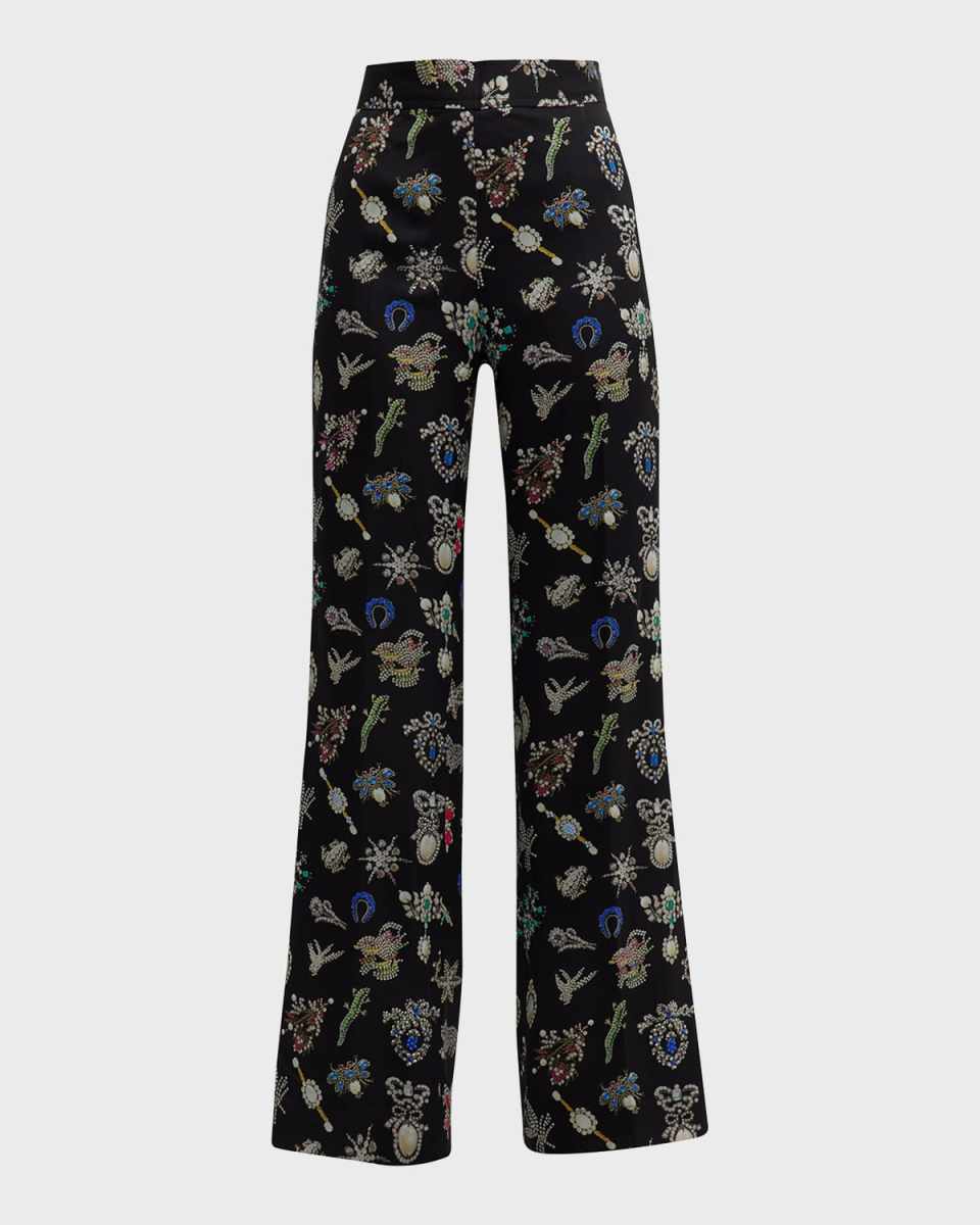 High-Rise Diamond Pins-Print Wide-Leg Silk Pants