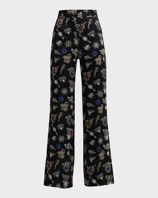 High-Rise Diamond Pins-Print Wide-Leg Silk Pants