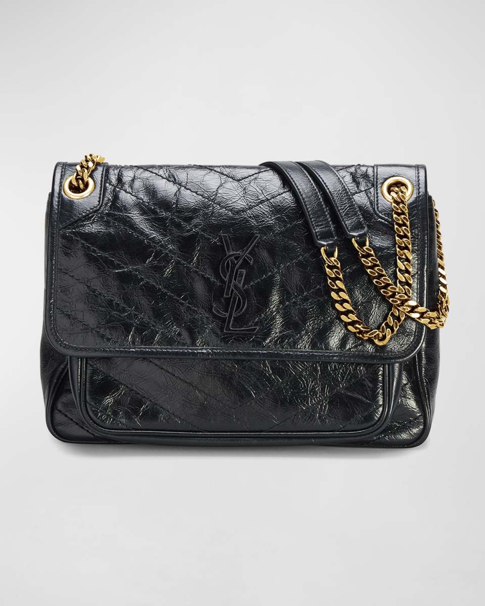Niki Medium Flap YSL Shoulder Bag in Crinkled Leather