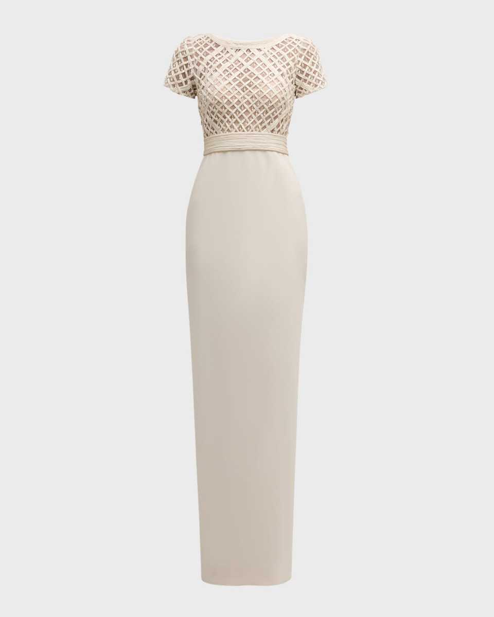 Crepe Column Gown with Embroidered Satin Ribbon Bodice