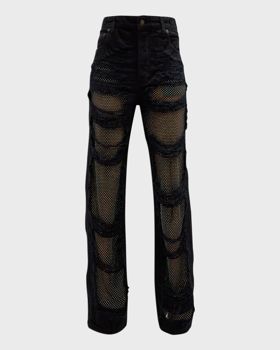 Karen Shredded Crystal-Panel Straight-Leg Jeans