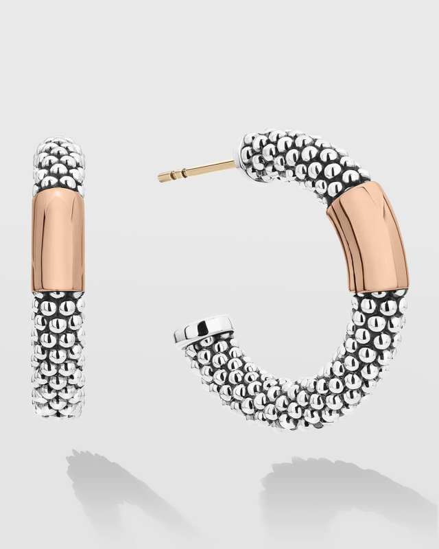 High Bar Two-Tone Rose Gold 28mm Caviar Smooth Bar Hoop Earrings