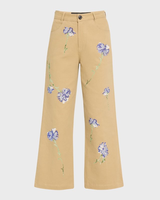 Cecil Beaton Blue Carnation Crystal Cropped Wide-Leg Pants