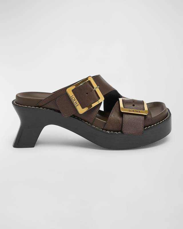 Leather Dual-Buckle Platform Sandals