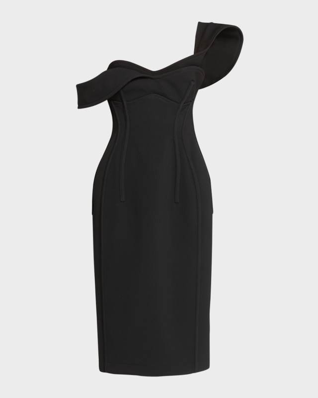 Off-The-Shoulder Bonded Wool Tricotine Midi Bustier Dress