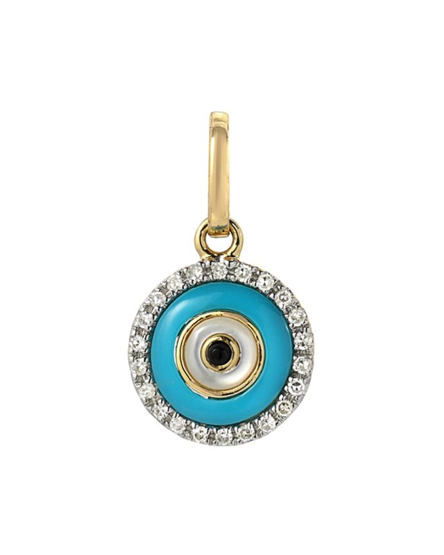 14k Yellow Gold Diamond and Turquoise Evil Eye Pendant