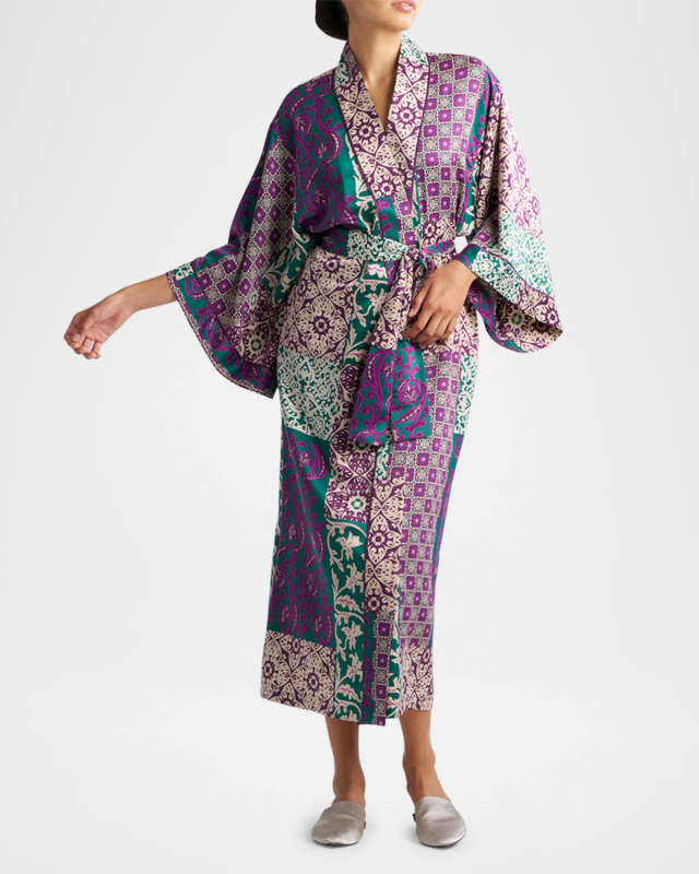 Tapestry Patchwork-Print Charmeuse Robe