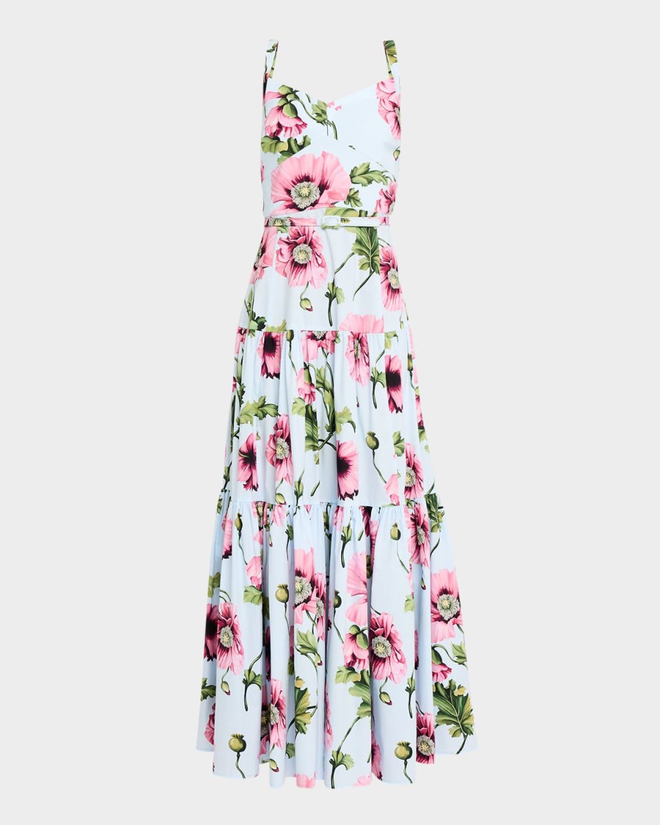 Poppies-Print Sleeveless Belted Tiered Maxi Dress