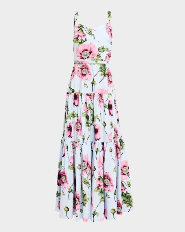 Poppies-Print Sleeveless Belted Tiered Maxi Dress