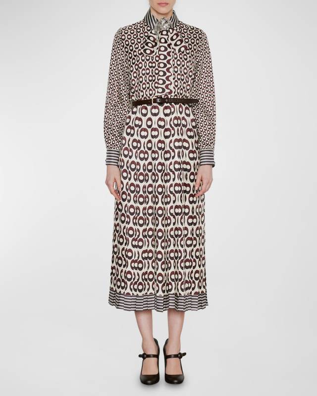 Ellipse-Print Neck-Tie Midi Shirtdress