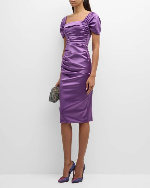 Ruched Square-Neck Bodycon Midi Dress