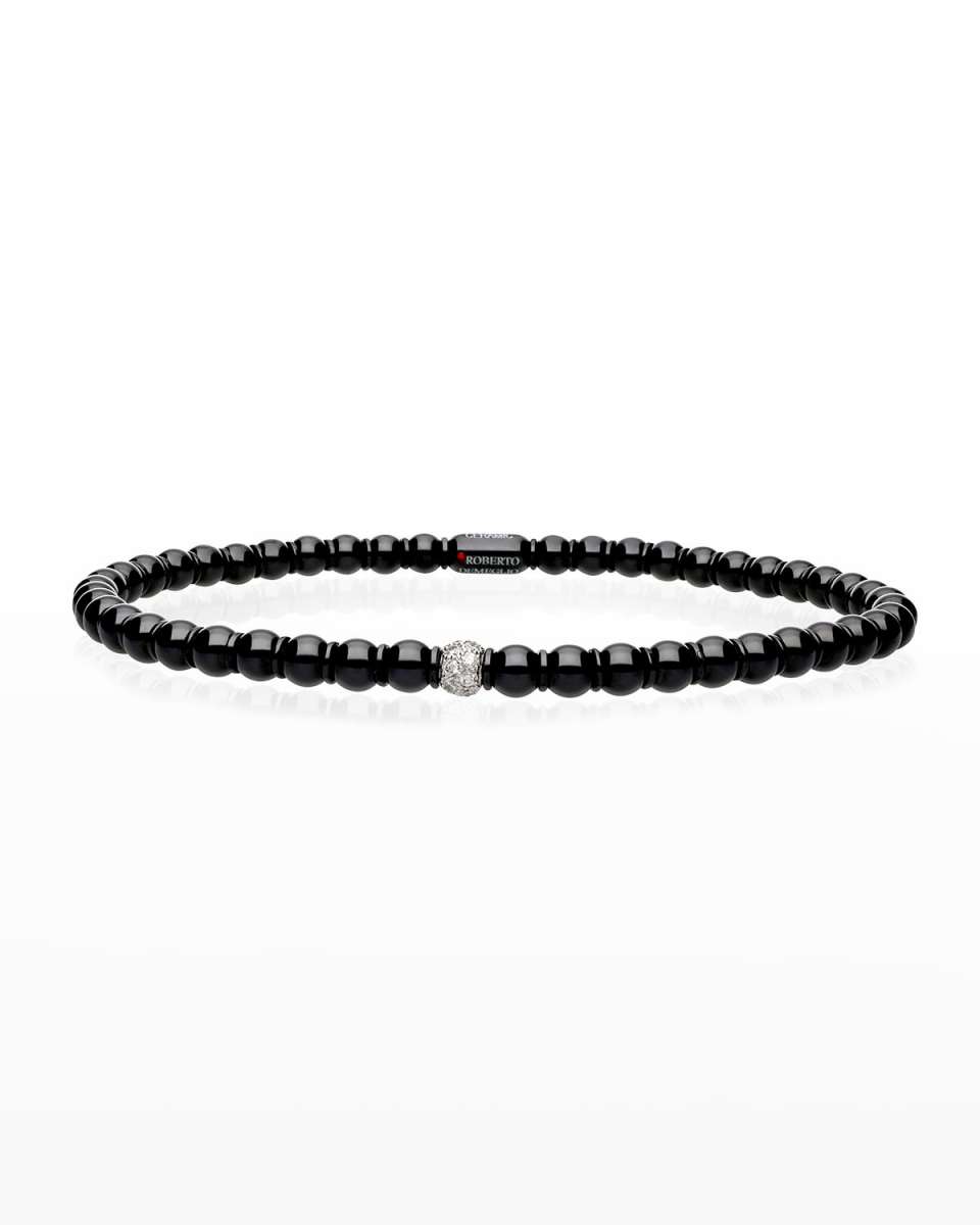 White Gold and Black Ceramic Sfera Stretch Bracelet with One Diamond Bead