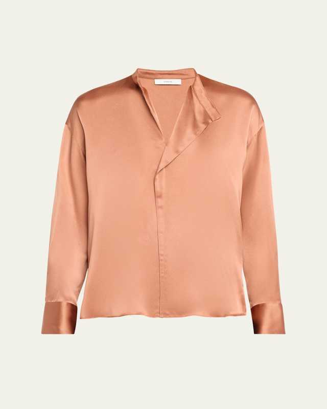 Draped Stand-Collar Long-Sleeve Silk Blouse