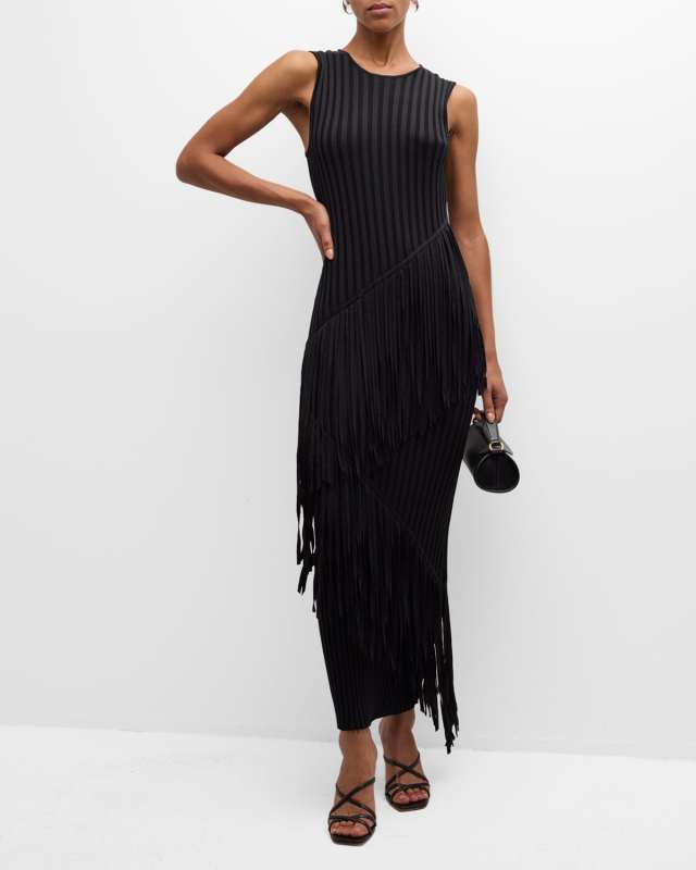 Spiral Ribbed Crew Sleeveless Fringe Maxi Dress