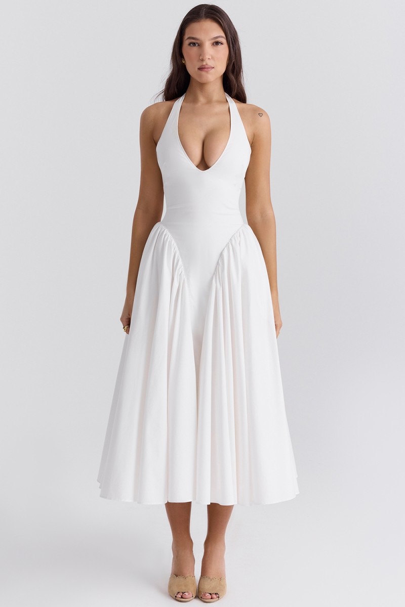HOUSE OF CB MARILYN WHITE COTTON HALTER MIDI SUNDRESS