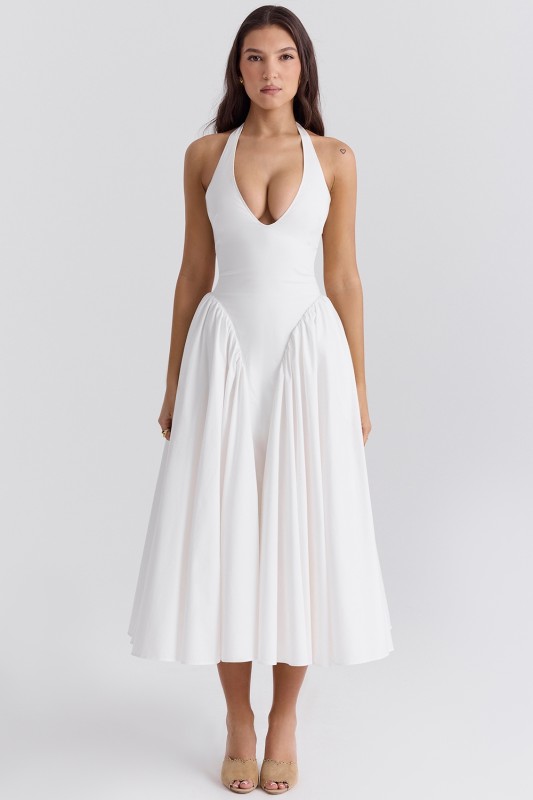 HOUSE OF CB MARILYN WHITE COTTON HALTER MIDI SUNDRESS