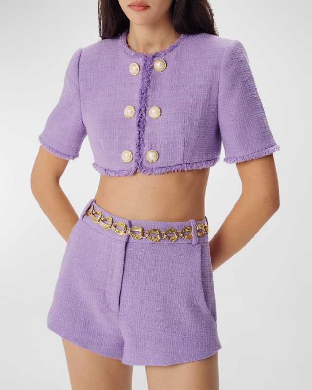 Mindy Cropped Short-Sleeve Windowpane Boucle Jacket