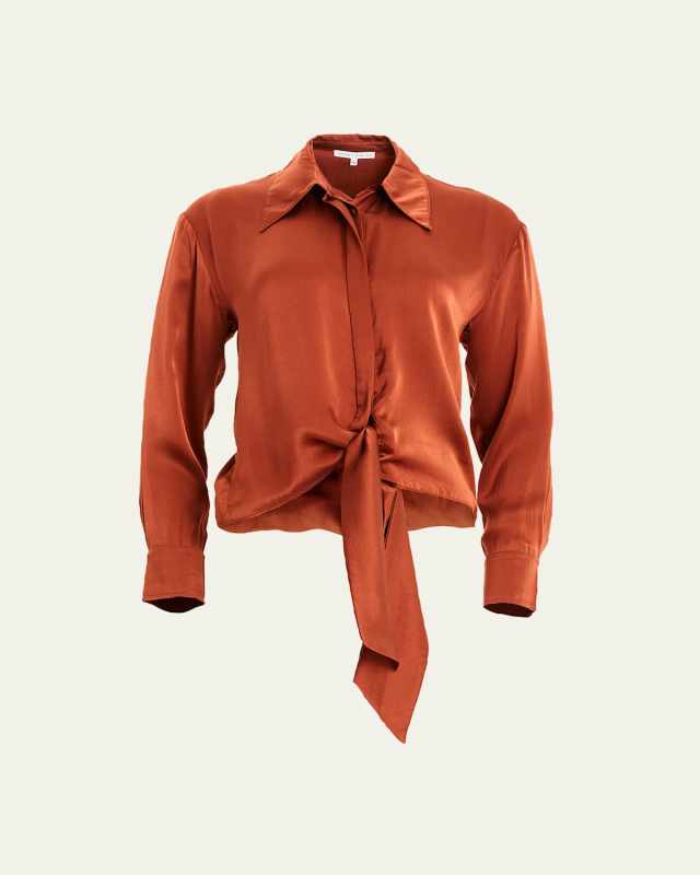 Gem Long-Sleeve Front-Tie Silk Top