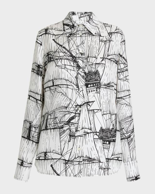 Nautical Printed Silk Blouse