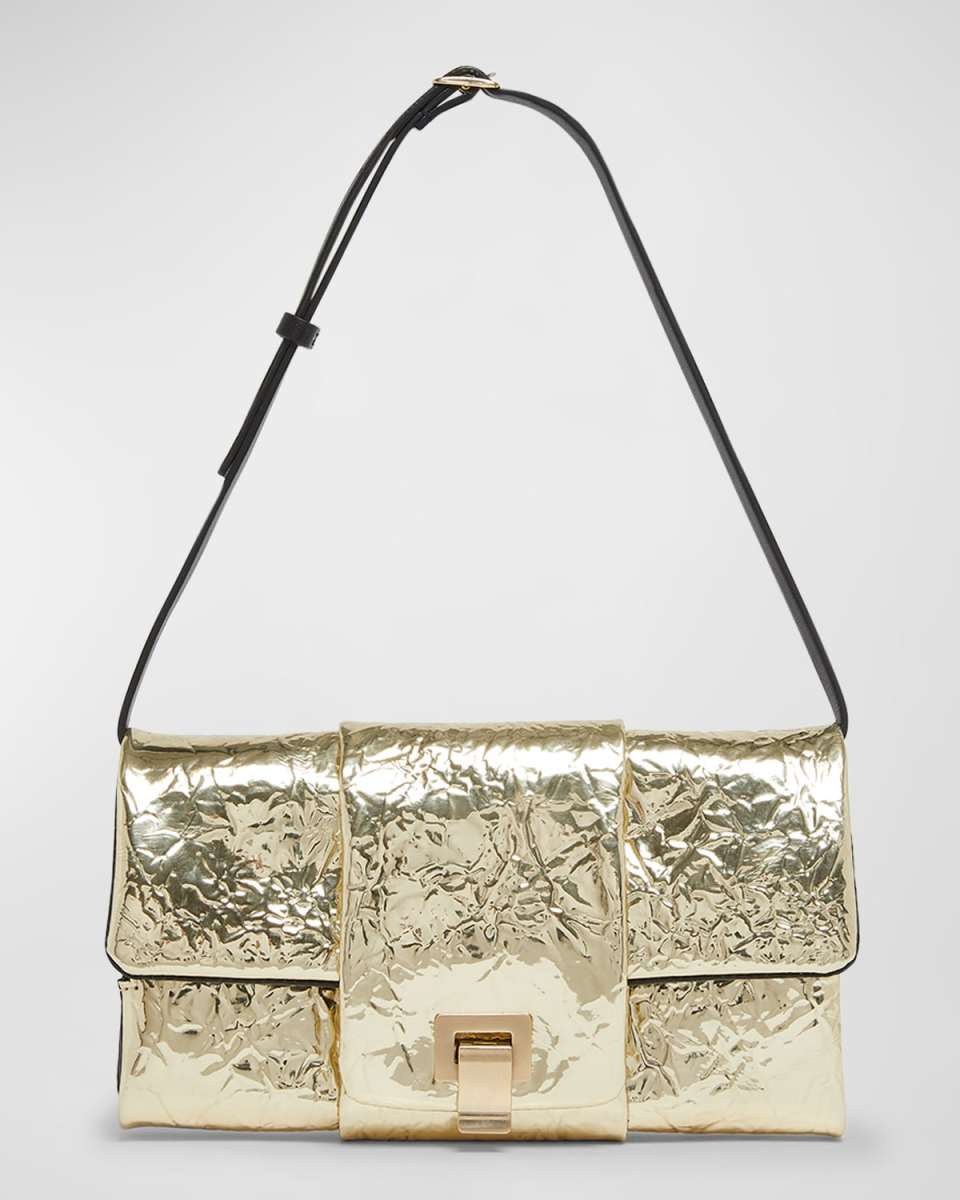 Crinkled Metallic Flap Shoulder Bag