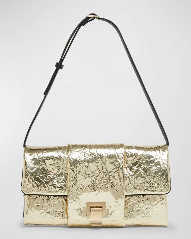 Crinkled Metallic Flap Shoulder Bag
