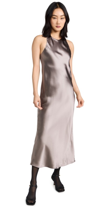 Tibi Heavy Satin Midi Dress Slate Grey