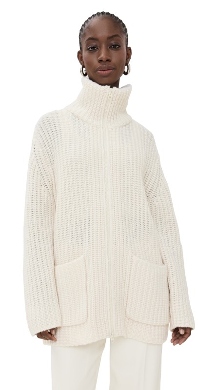LISA YANG Majken Zip Cashmere Cardigan Coat Cream