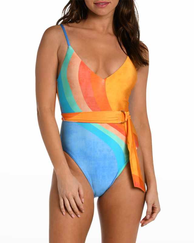 V-Neck Belted Maillot One-Piece Swimsuit