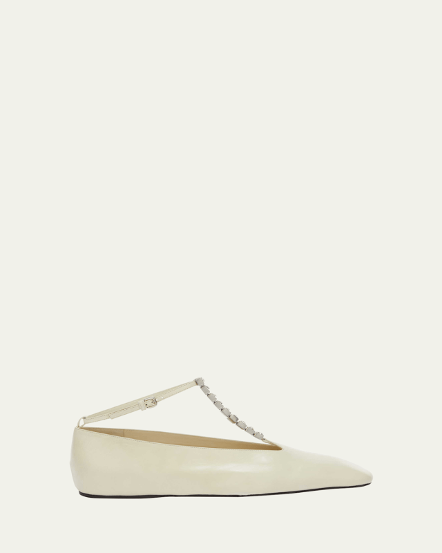 Leather Crystal T-Strap Ballerina Flats